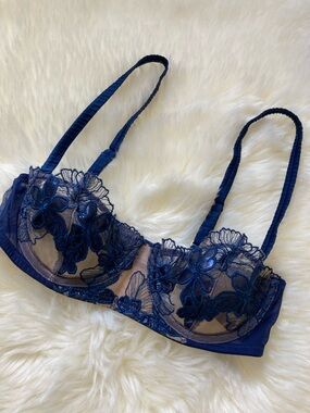Fleur Du Mal Balconette Floral Lace Illusion Sheer Unlined underwire Bra sz 32B